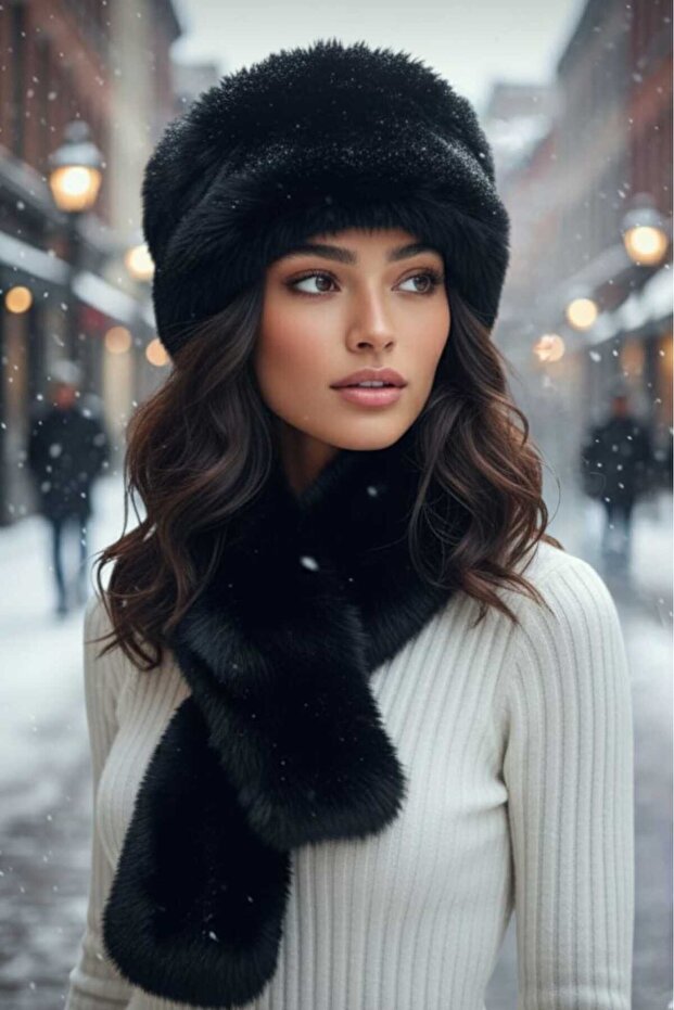 Women's Winter Vegan Fur Plush Kalpak Hat and Scarf Set