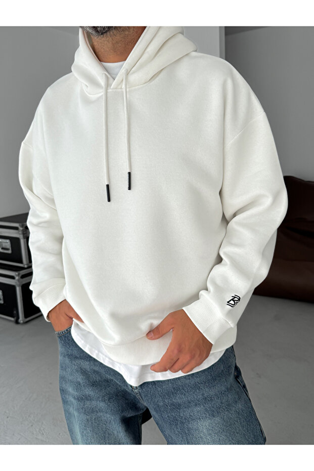 Beyaz BB Nakışlı Kapüşonlu Oversize Sweatshirt BY - 2