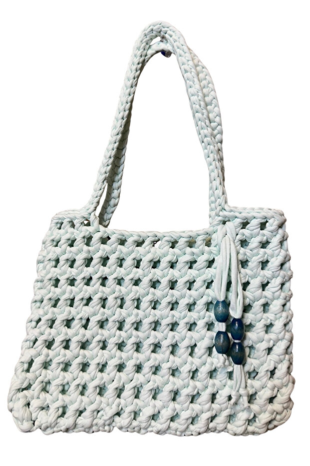 - Emine 9106 Hand Knitted Combed Cotton Fabric Shoulder Bag with Wooden Bead Detail - 27 X 21
