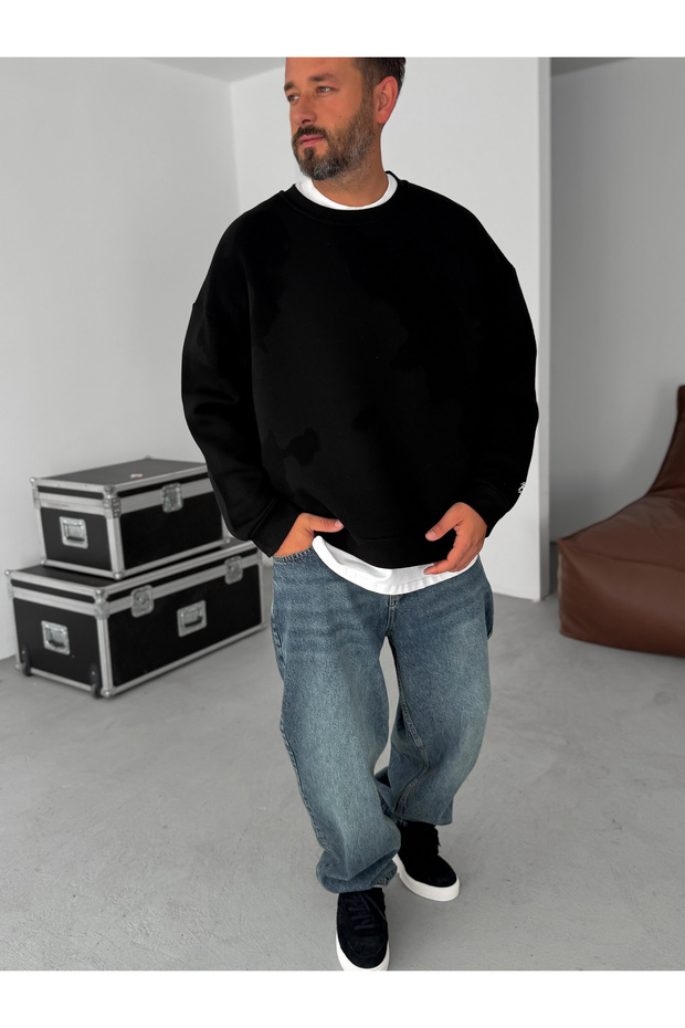 Siyah BB Nakışlı Basic Oversize Sweatshirt BY - 5