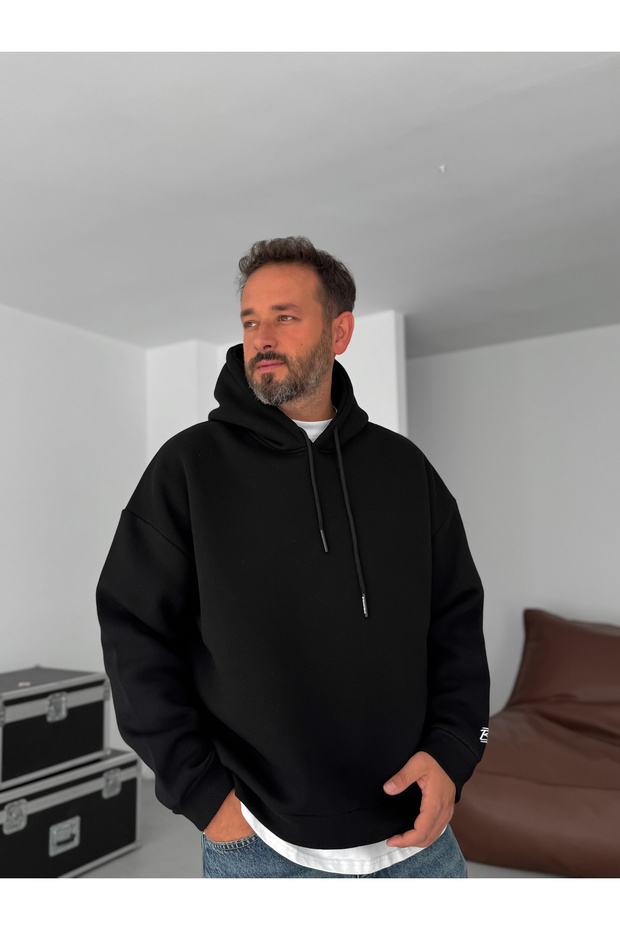 Siyah BB Nakışlı Kapüşonlu Oversize Sweatshirt BY - 5