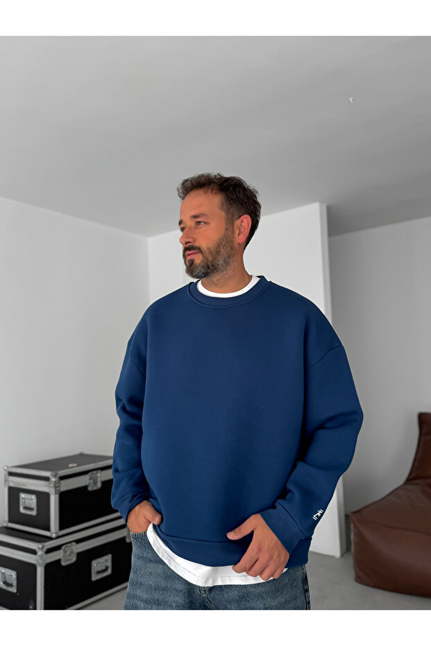 Lacivert BB Nakışlı Basic Oversize Sweatshirt BY - 3