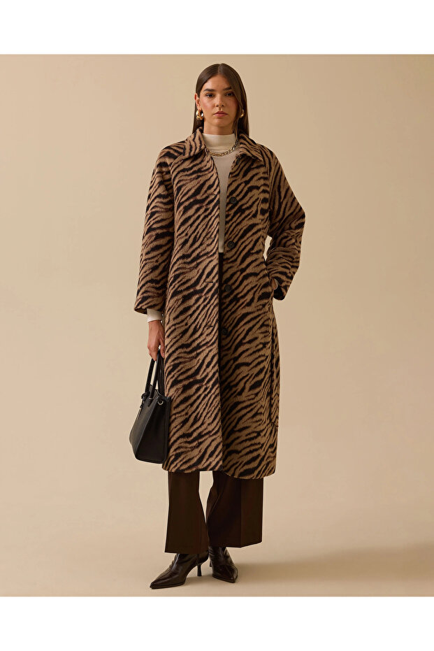 Zebra Patterned Belted Long Coat - 1