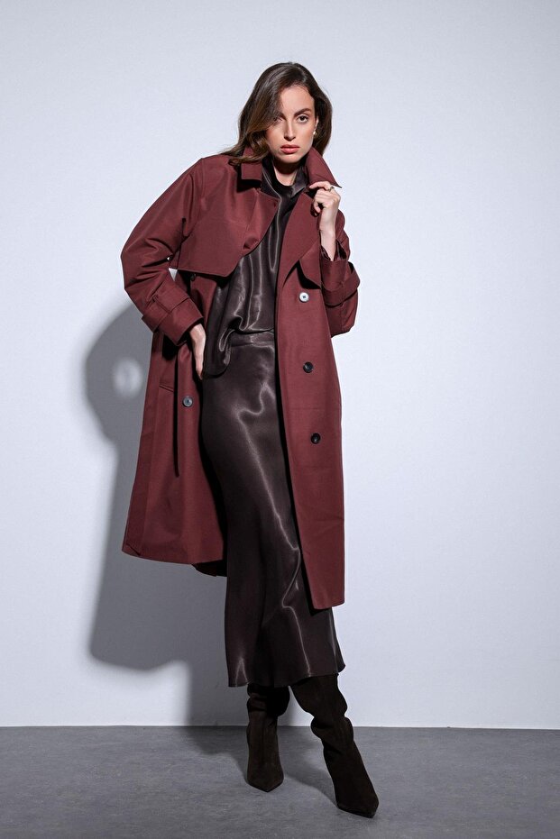 Burgundy Double Breasted Belted Women's Trench Coat
