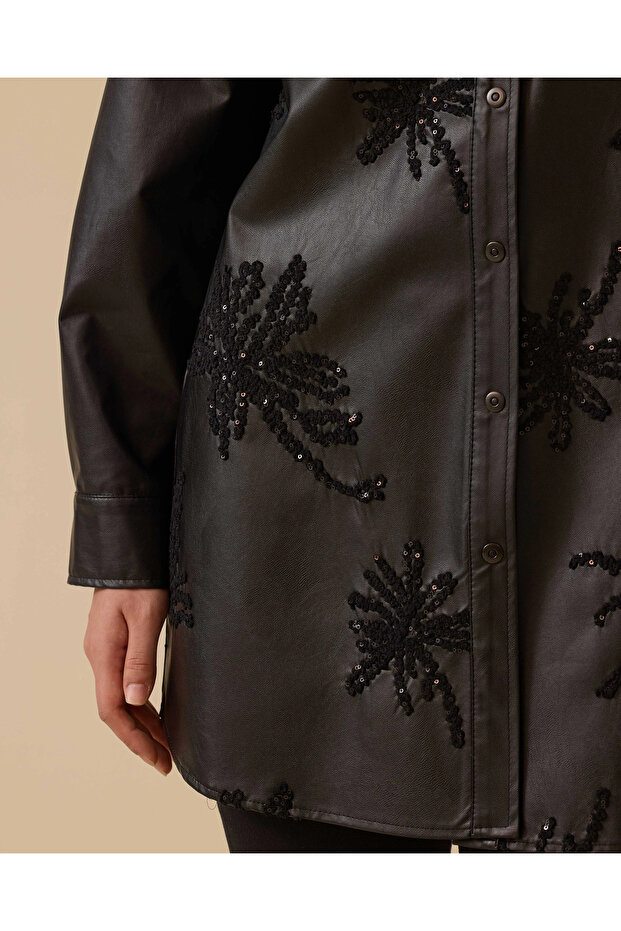 Nakışlı Suni Deri Gömlek - 5