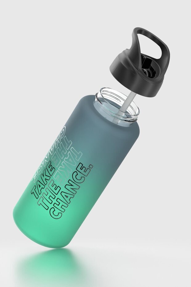 Moly Double Color Text Patterned 1000 ml Matte Tritan Flask with Straw 912117 Black-Petrol - 3