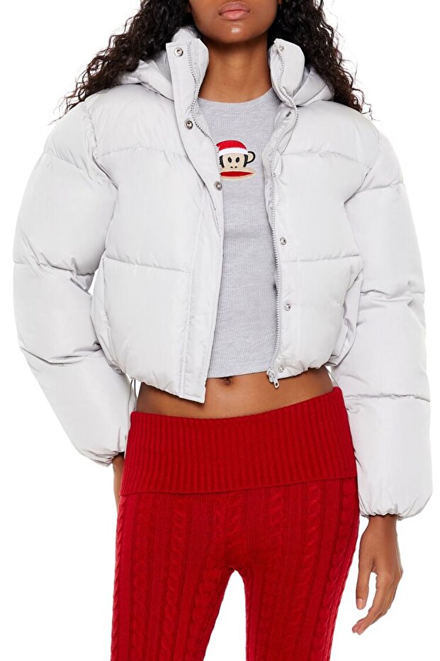 Kapüşonlu Crop Şişme Mont - 1