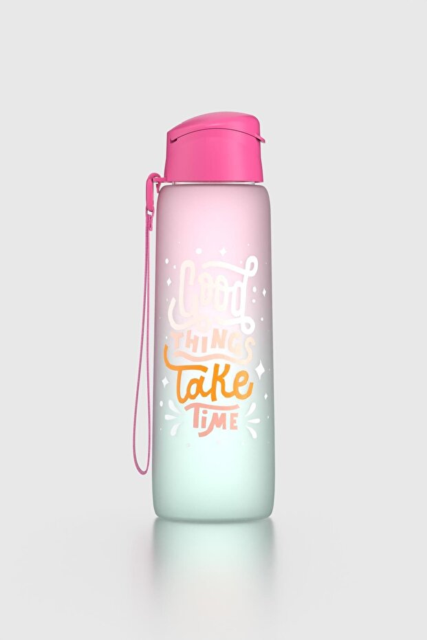 Pera Double Color Text Patterned 820 ml Matte Tritan Leak-Proof Odor-Free Water Bottle with Strap 912134 Fuchsia-Turquoise
