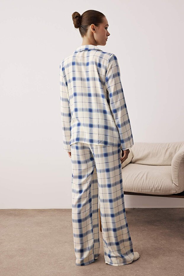 Mavi Ekoseli Viskon Dokuma Pijama Takımı THMAW26PT00066 - 4
