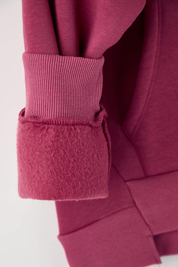 Teen Gül Kurusu Kalın İçi Polarlı Kapüşonlu Cepli Asimetrik Örme Sweatshirt TWOAW26SW00113 - 7