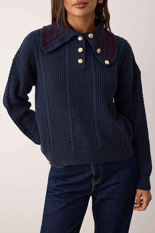 Navy Blue Hair Braided Wide Fit Turn-Down Collar Knitwear Sweater Twoaw26Kz00120 - 3