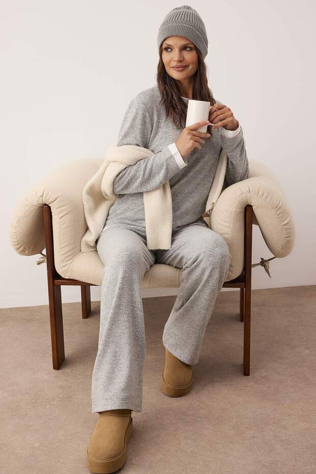 Gri Melanj Çift Katlı Kışlık Yumoş Örme Pijama Takımı THMAW26PT00154 - 3
