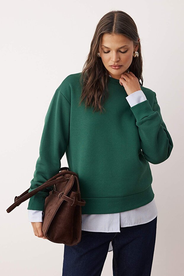 Zümrüt Yeşili Kalın İçi Polarlı Regular Kalıp Bisiklet Yaka Basic Örme Sweatshirt TWOAW24SW00101 - 1