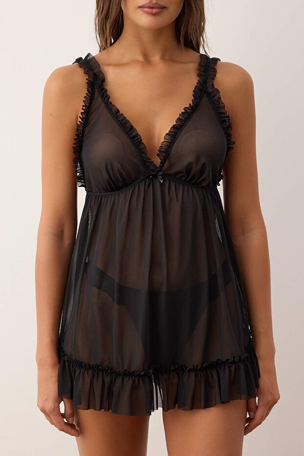 Siyah Fırfırlı Tül Kapsız Babydoll/Fantezi Gecelik THMAW26LL00005 - 4