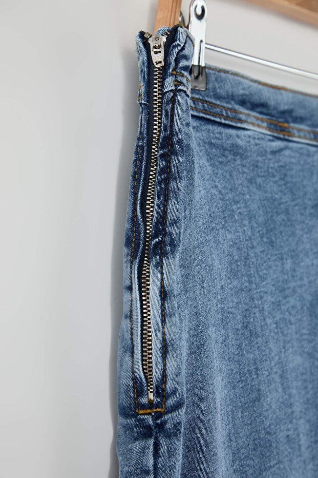 Mavi Yüksel Bel Bağcık Detaylı Yırtmaçlı Denim Büyük Beden Etek TBBAW26AZ00033 - 7