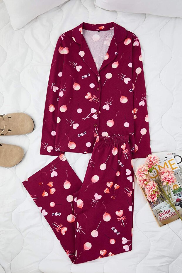 Mürdüm %100 Pamuklu Kalpli Örme Pijama Takımı THMAW25PT00141 - 1