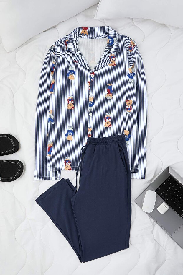 Men's Navy Blue Teddy Bear Pattern Couple/Couple Regular Shirt-Pants Pajama Set Tmnaw26Pt00031