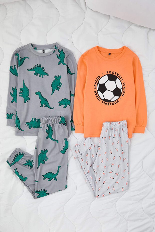 Somon-Gri Erkek Çocuk 4'lü Baskılı Pijama Takımı TKDAW26PT00009 - 5