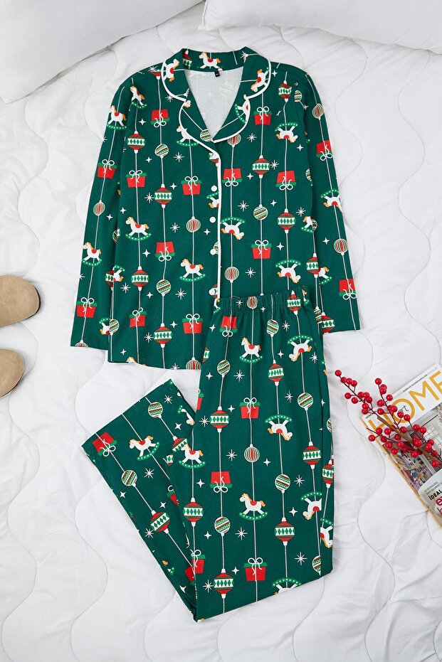 Yeşil %100 Pamuklu Yılbaşı Temalı Örme Pijama Takımı TBBAW26AI00015 - 2