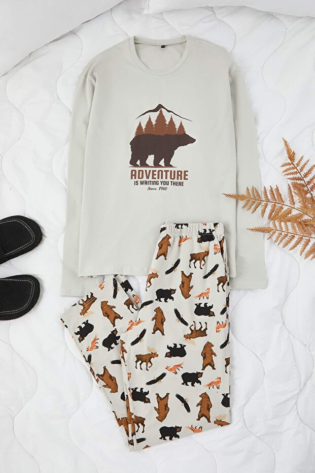 Gri Pamuklu Animal Desen Uzun Kol Örme Pijama Takımı TMNAW26PT00049