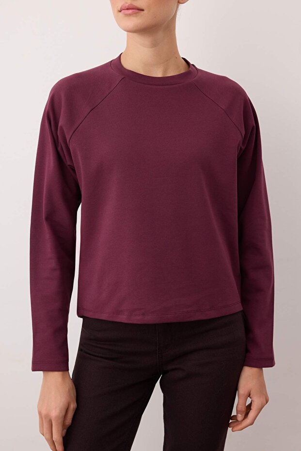 Mürdüm Relaxed/Boxy Fit Crop Uzun Kol Örme T-Shirt TWOAW26TS00022 - 3