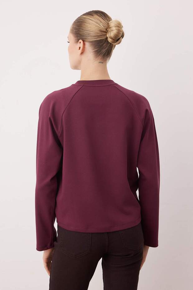 Mürdüm Relaxed/Boxy Fit Crop Uzun Kol Örme T-Shirt TWOAW26TS00022 - 4