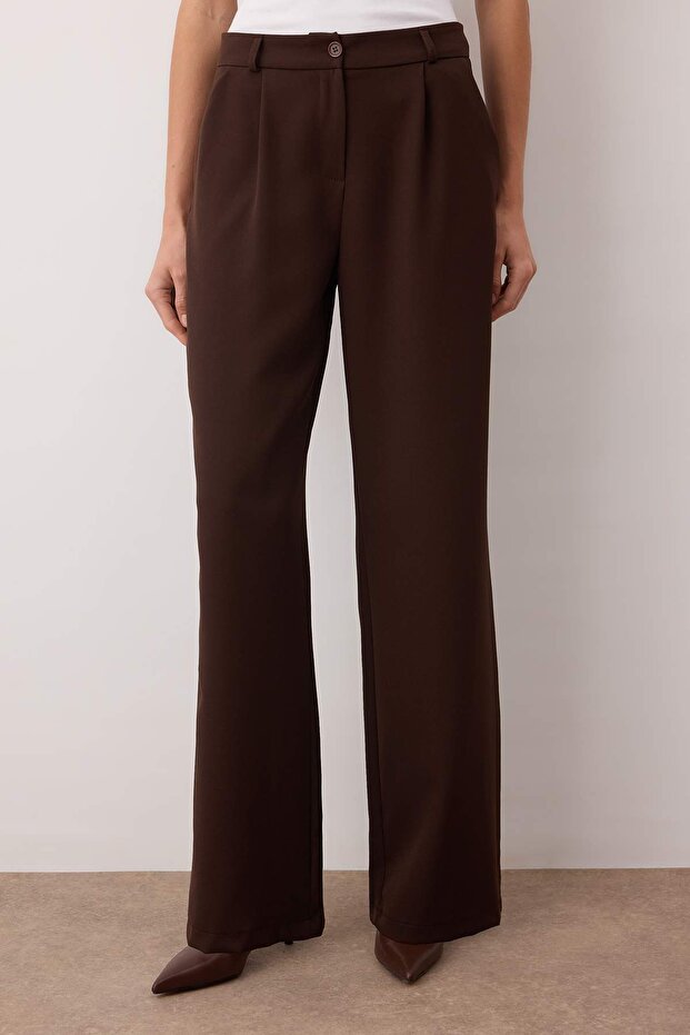 Kahverengi*001 Yüksek Bel Wide Leg/Geniş Paça Pilili Dokuma Pantolon TWOAW21PL0076 - 3