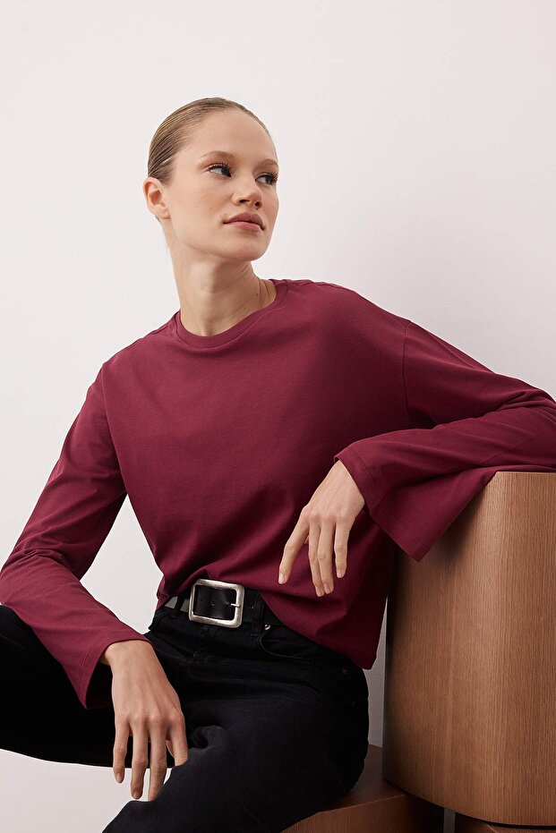 Bordo İspanyol Kol Bisiklet Yaka Regular/Normal Kalıp Örme T-Shirt TWOAW24TS00008 - 1