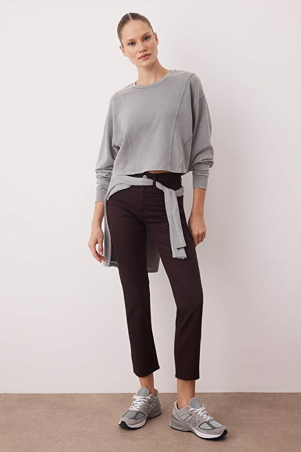 Gri Relaxed/Rahat Kalıp Dikiş Detaylı Örme Sweatshirt TWOAW26SW00237 - 2