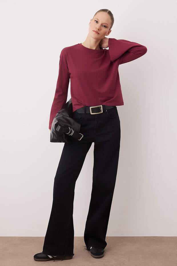 Bordo İspanyol Kol Bisiklet Yaka Regular/Normal Kalıp Örme T-Shirt TWOAW24TS00008 - 2