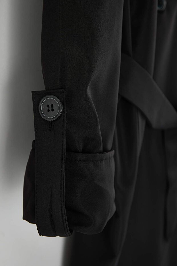 Siyah Uzun Oversize Büyük Beden Trençkot TBBSS25BM00001 - 7