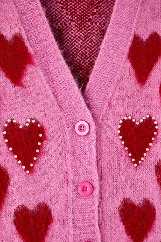 Pembe Kalp Desenli İncili Yumuşak Tuşeli Triko Hırka TBBAW26AV00007 - 8