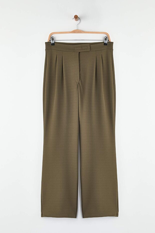 Koyu Haki Cırt Cırt Kapamalı Yüksek Bel Pileli Wide Leg/Geniş Kesim Pantolon TWOAW24PL00177 - 6