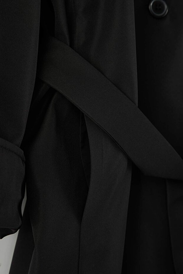 Siyah Uzun Oversize Büyük Beden Trençkot TBBSS25BM00001 - 8