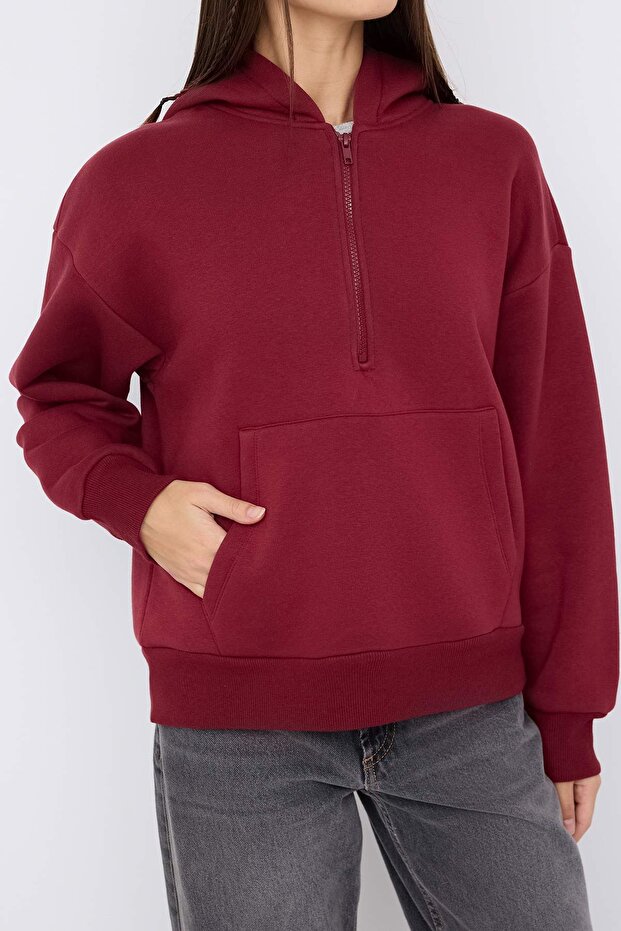 Teen Bordo Kapüşonlu Kalın İçi Polarlı Yarım Pat Fermuarlı Cepli Örme Sweatshirt TWOAW26SW00160 - 3