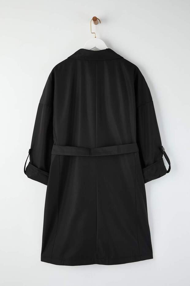 Siyah Uzun Oversize Büyük Beden Trençkot TBBSS25BM00001 - 9