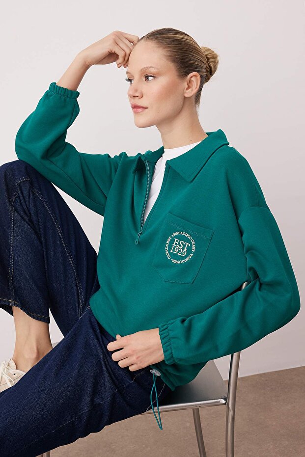 Emerald Green Half Zip Embroidered Oversize/Wide Fit Knitted Sweatshirt Twoaw26Sw00191