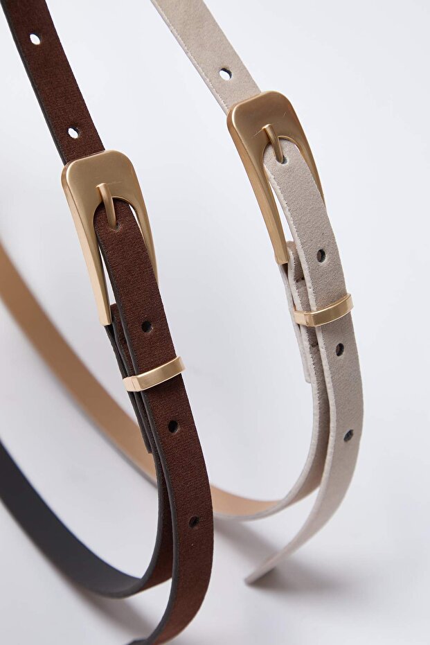 Brązowo-beżowy zestaw dwóch cienkich pasków damskich TWOSS25KE00010 - 2