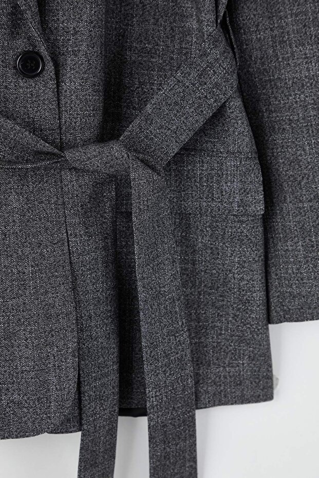 EXCLUSIVE Özel Koleksiyon Antrasit Kuşaklı Oversize Yün İçerikli Blazer Ceket TWOAW26BC00049 - 7