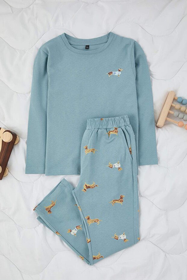 Mavi Erkek Çocuk 100% Pamuk Animal Baskılı Regular Örme Pijama Takımı TKDAW26PT00005 - 2