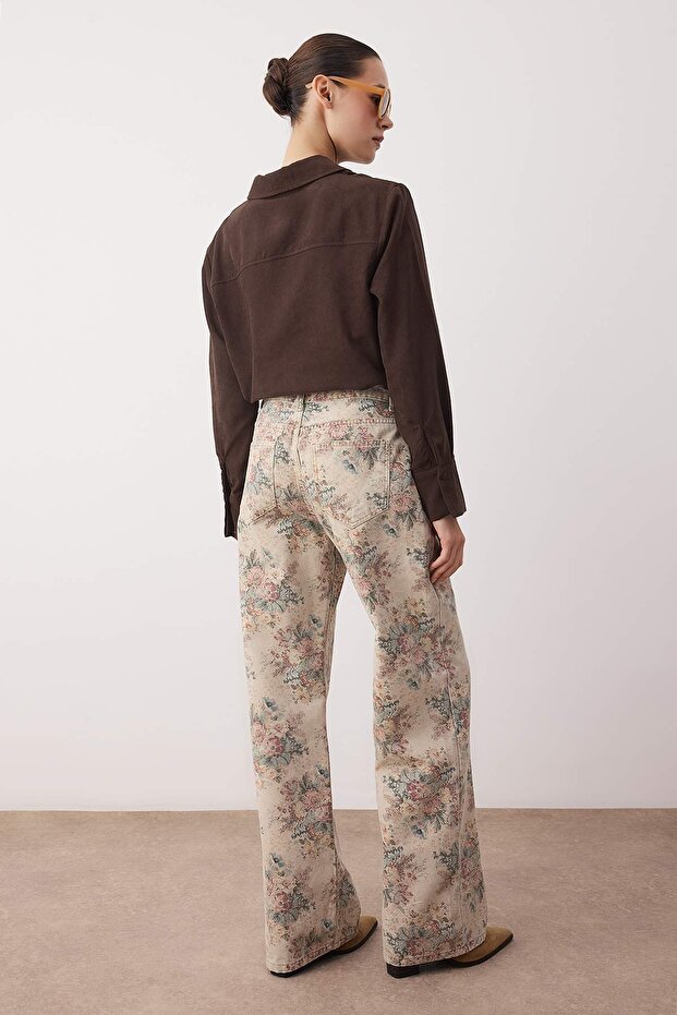 Çok Renkli Çiçek Desenli Yüksek Bel Wide Leg Jeans TWOAW26JE00246 - 4