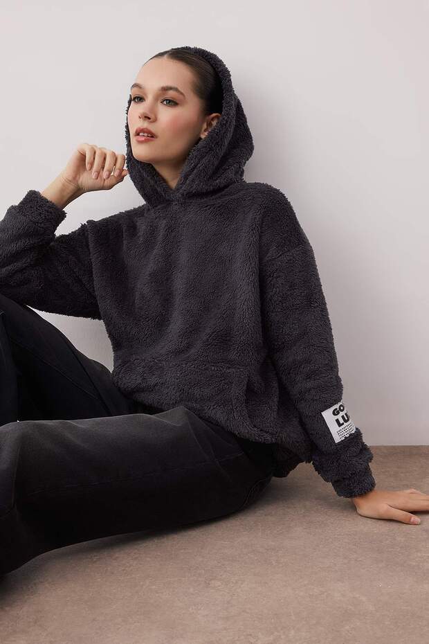 Antrasit Peluş Etiket Detaylı Regular/Normal Kalıp Peluş Örme Sweatshirt TWOAW26SW00221 - 2