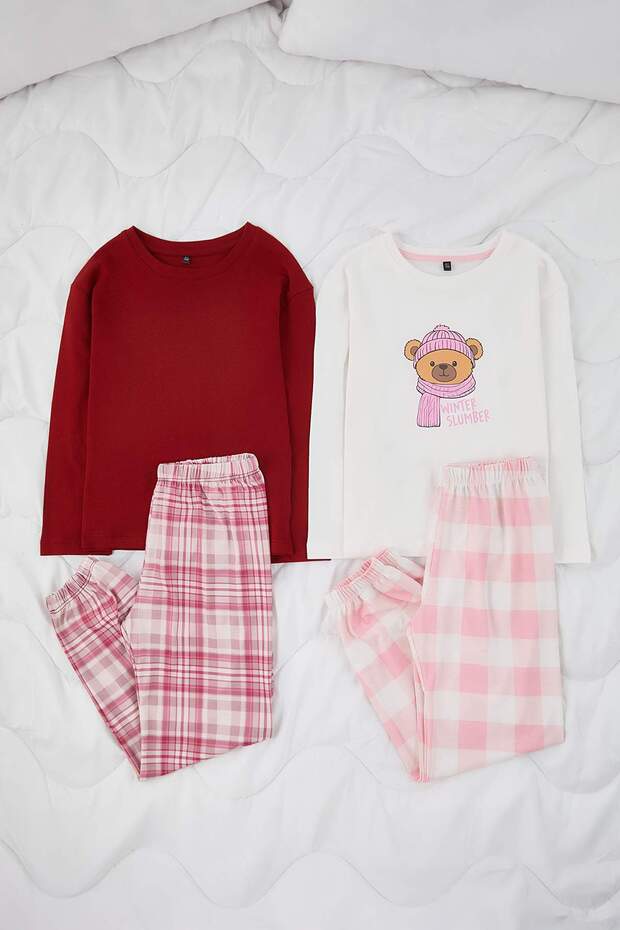 Bordo-Pembe 4'lü Kız Çocuk Ekose/Kareli Örme Alt-Üst Pijama Takımı TKDAW26PT00011 - 2