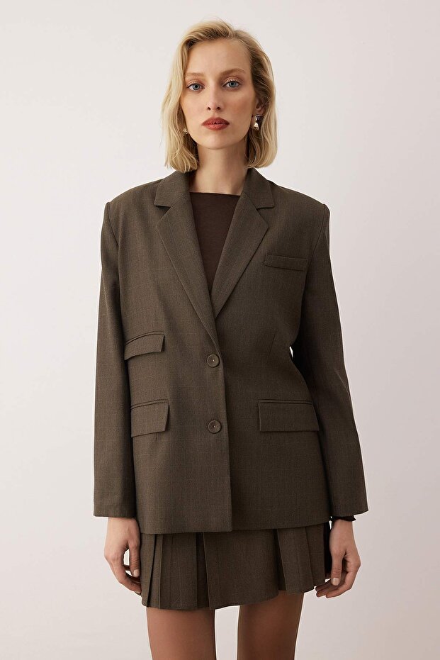 EXCLUSIVE Özel Koleksiyon Vizon Cep Detaylı Ekoseli Oversize Blazer Ceket TWOAW26BC00048 - 3