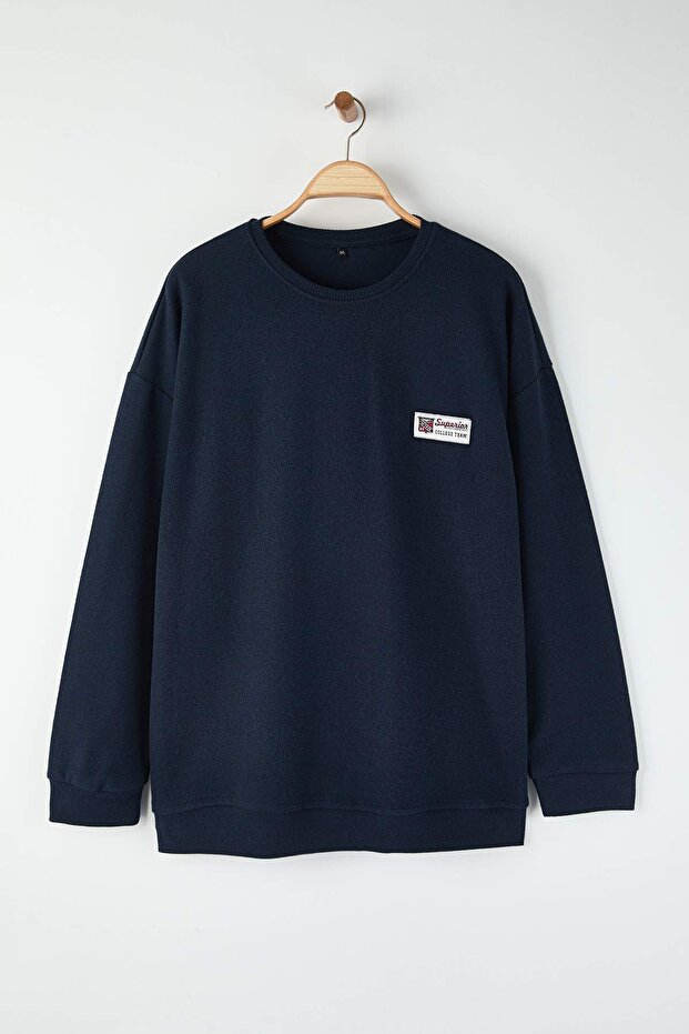 Lacivert Yeni Oversize/Geniş Yumuşak Dokulu Kolej Şardonsuz Büyük Beden Sweatshirt TMNAW26AO00007 - 2