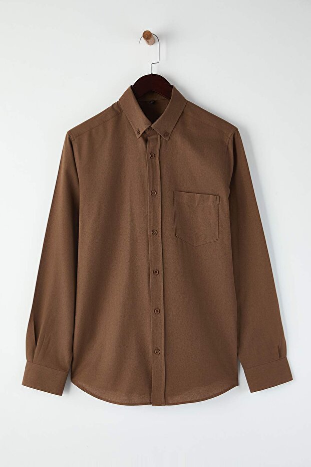 Kahverengi Regular Fit Gabardin Dokulu Erkek Gömlek TMNAW26GO00009 - 5