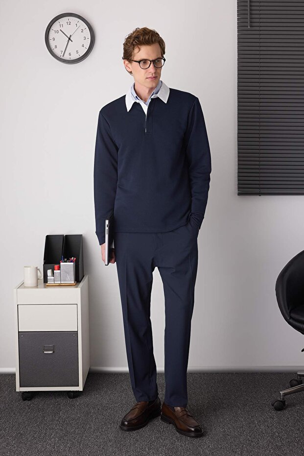 Lacivert Yeni Oversize/Geniş Kesim Yakası Dokuma Polo Yaka Sweatshirt TMNAW26SW00012 - 2
