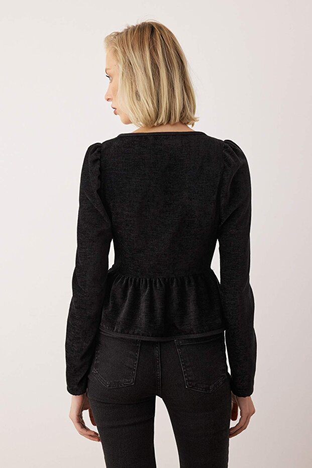 EXCLUSIVE Siyah Kadife Dar Kalıp Kuş Gözü Detaylı Peplum Dokuma Bluz TWOAW26BZ00264 - 5