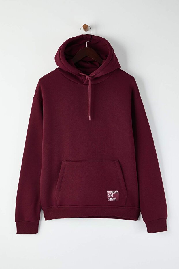 Bordo Oversize/Geniş Kesim Kapüşonlu Etiketli İçi Polar Pamuklu Sweatshirt TMNAW21SW2005 - 5
