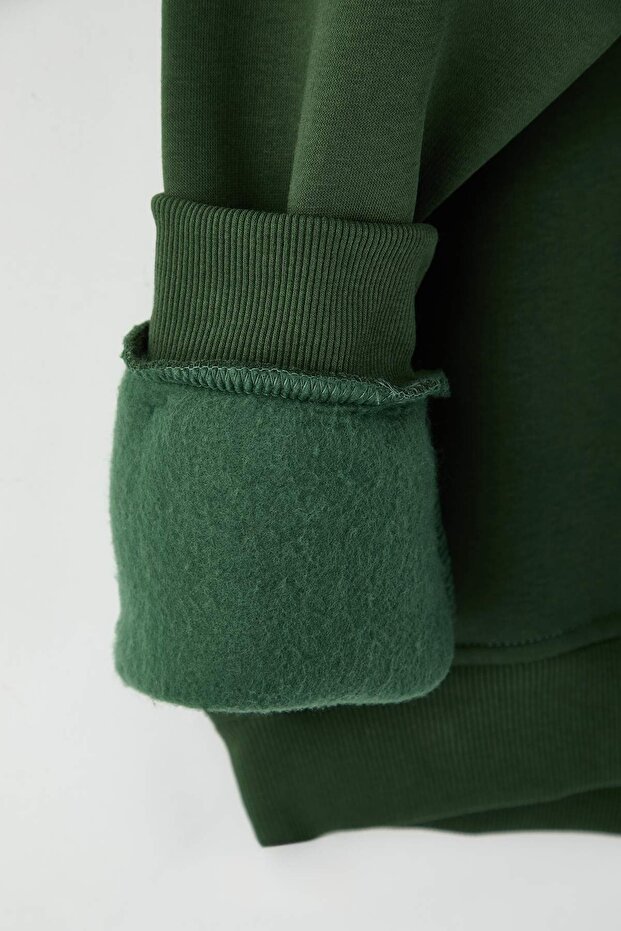Haki Oversize/Geniş Kesim Çiçek Nakışlı İçi Polarlı Pamuklu Sweatshirt TMNAW24SW00012 - 8